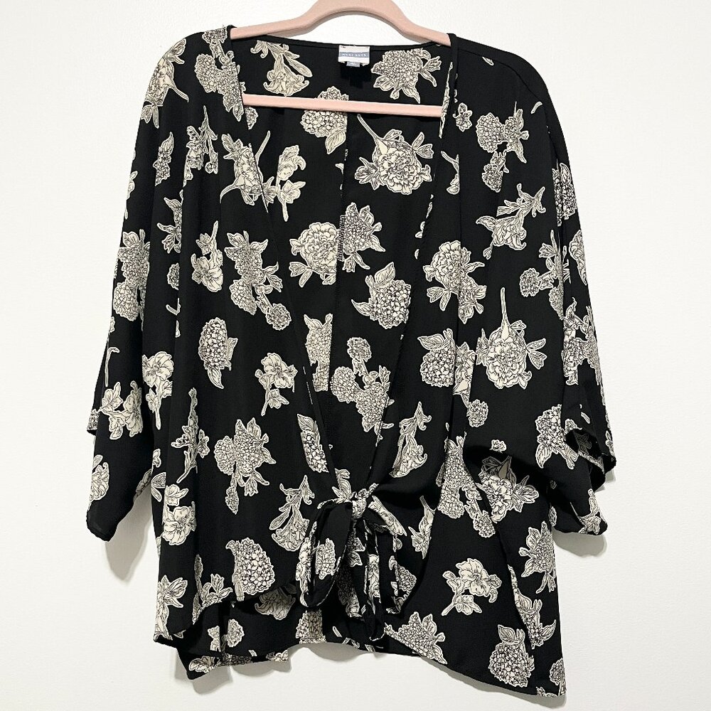 Womens Tie Front Chiffon Kimono Top 2X Dark Floral Boho Cottagecore Romantic